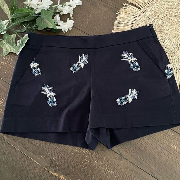 LOFT Navy Blue Pineapple Print‎ Beaded Casual Shorts Cotton size 4 - Picture 1 of 7